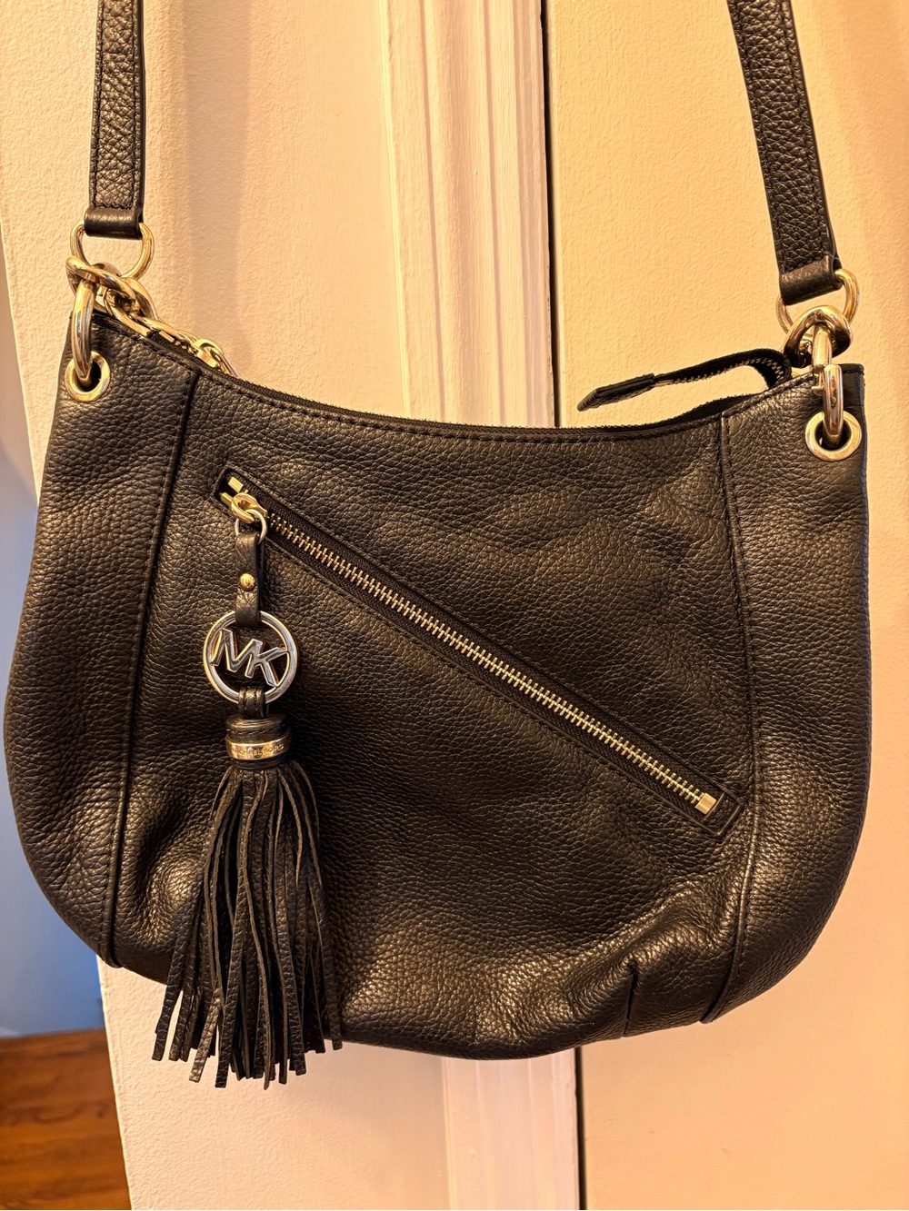 Michael Kors Black Pebbled Leather Shoulder Bag with Tassel Charm